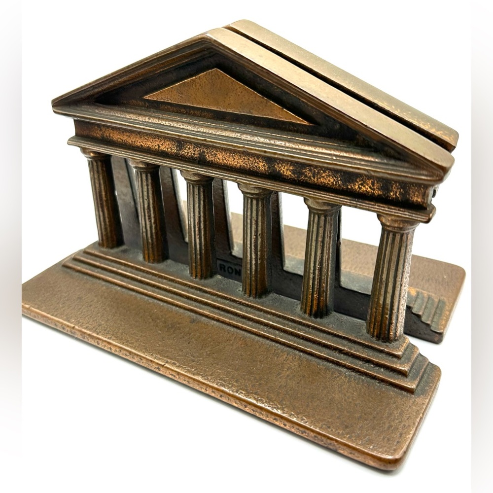 Vintage 1940s Solid Bronze Verona Architectural Bookends-Classical Temple Design